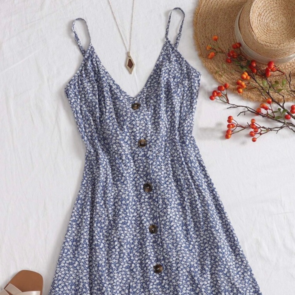 Tie Backless Button Front Floral Cami Dress